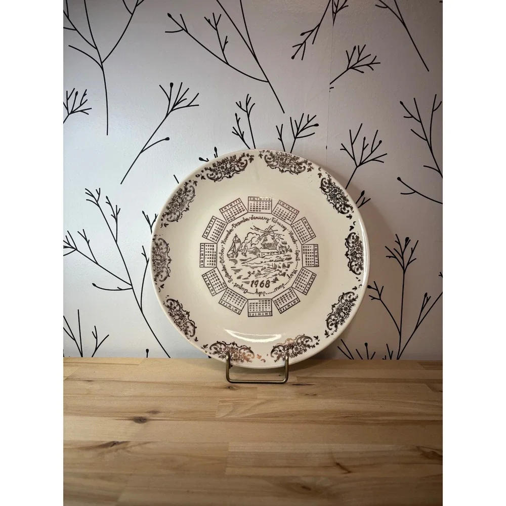 Vintage 1968‎ Calendar Plate Gold Filigree Windmill Sailboat Decor 10 Inch